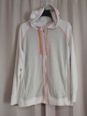Eddie Bauer Gray White Zip Front Hooded Sweatshirt Coral Stitching Long Sleeve